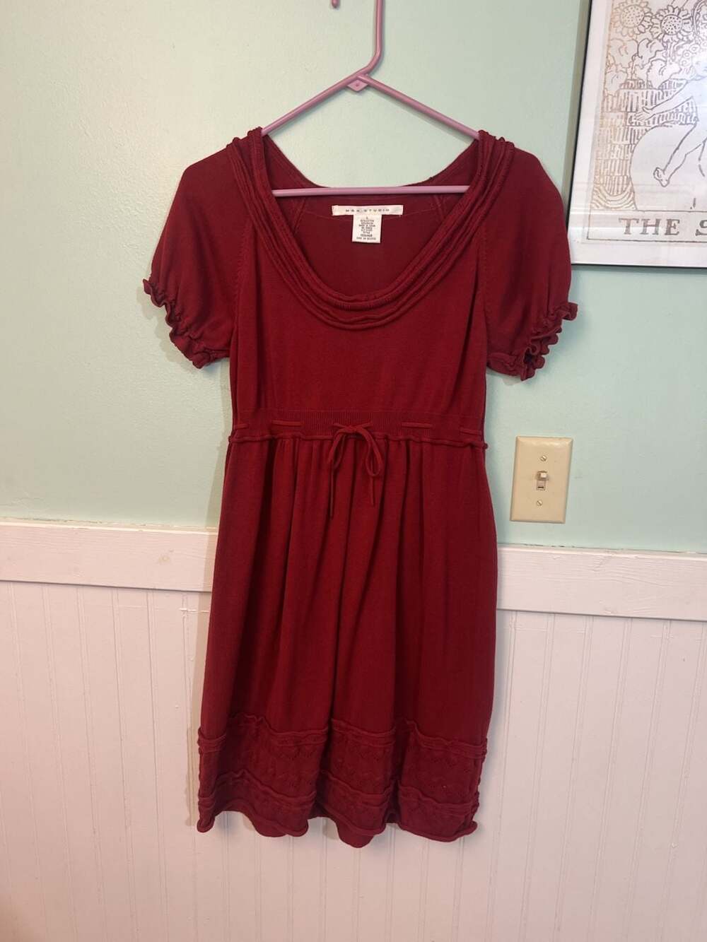Max Studio dark Red Babydoll Dress Size L Short Sleeve Knit Lace Trim
